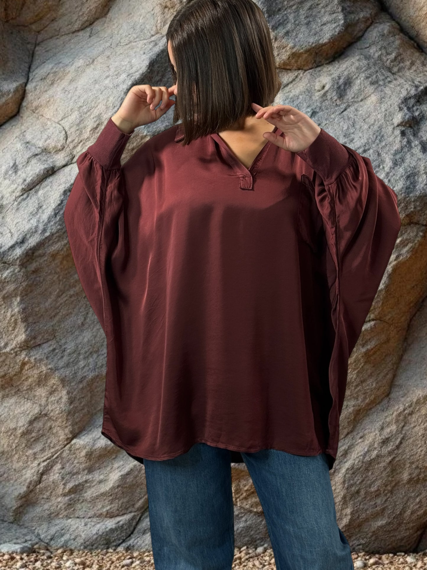 MONICA - TUNIQUE BORDEAUX OVERSIZE ASPECT SOIE JUSQU'A LA TAILLE 56