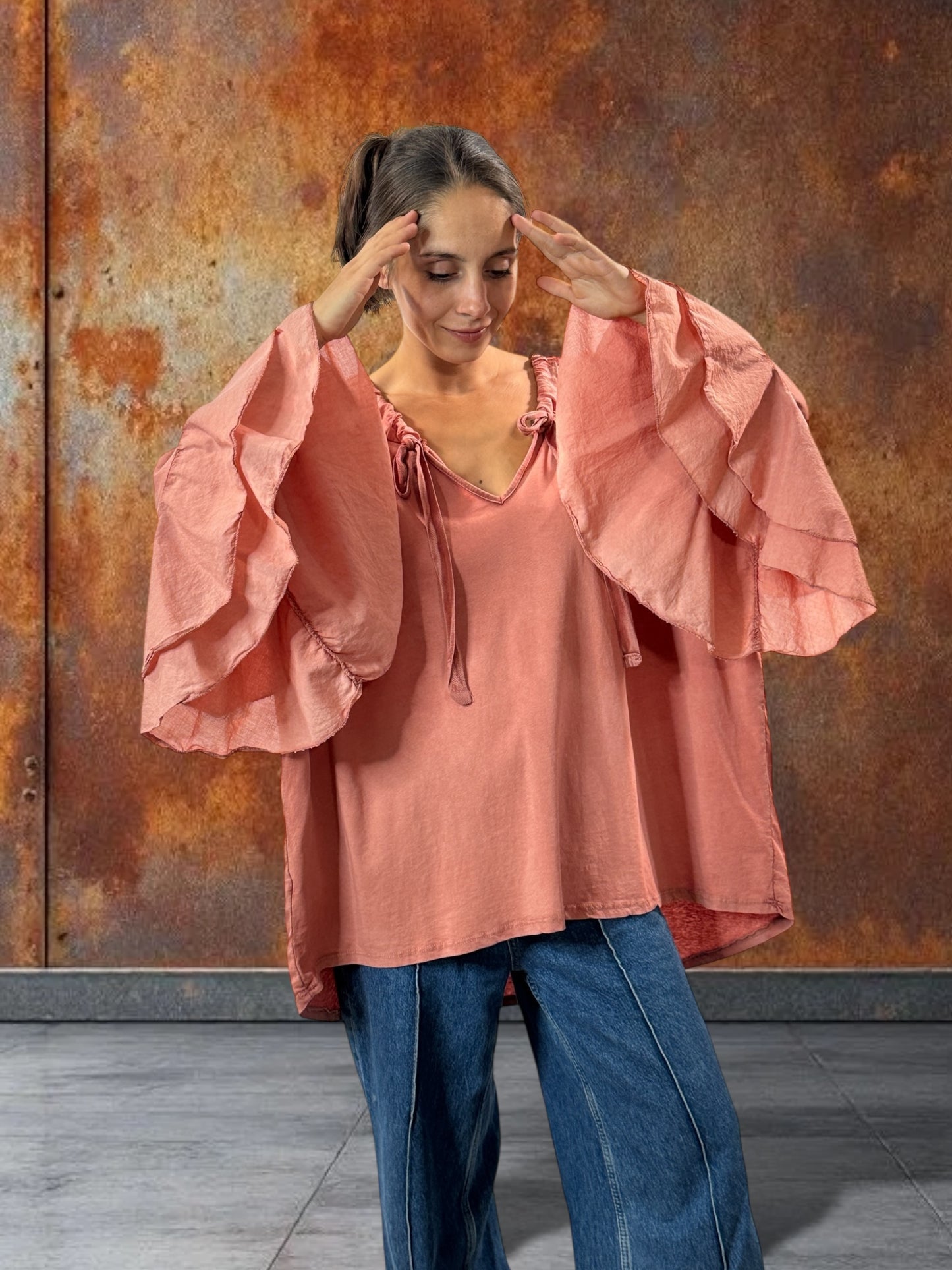 EMILIE - BLOUSE CORAIL EN COTON OVERSIZE JUSQU'A LA TAILLE 52