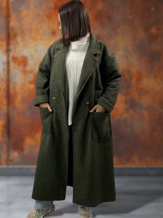 JULIEN - LONG MANTEAU KAKI EN BOUCLETTE JUSQU'A LA TAILLE 50/52