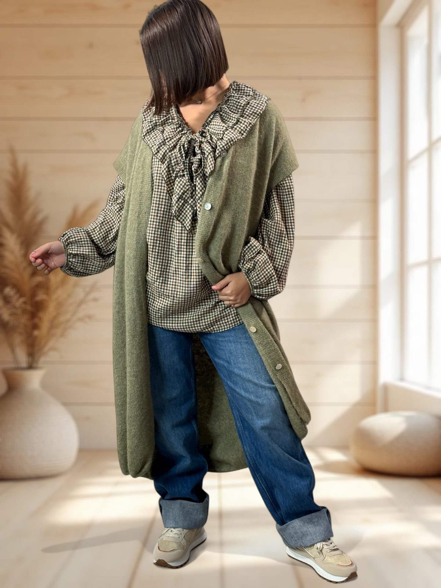 UGO - LONG GILET OVERSIZE KAKI JUSQU'A LA TAILLE 56/58