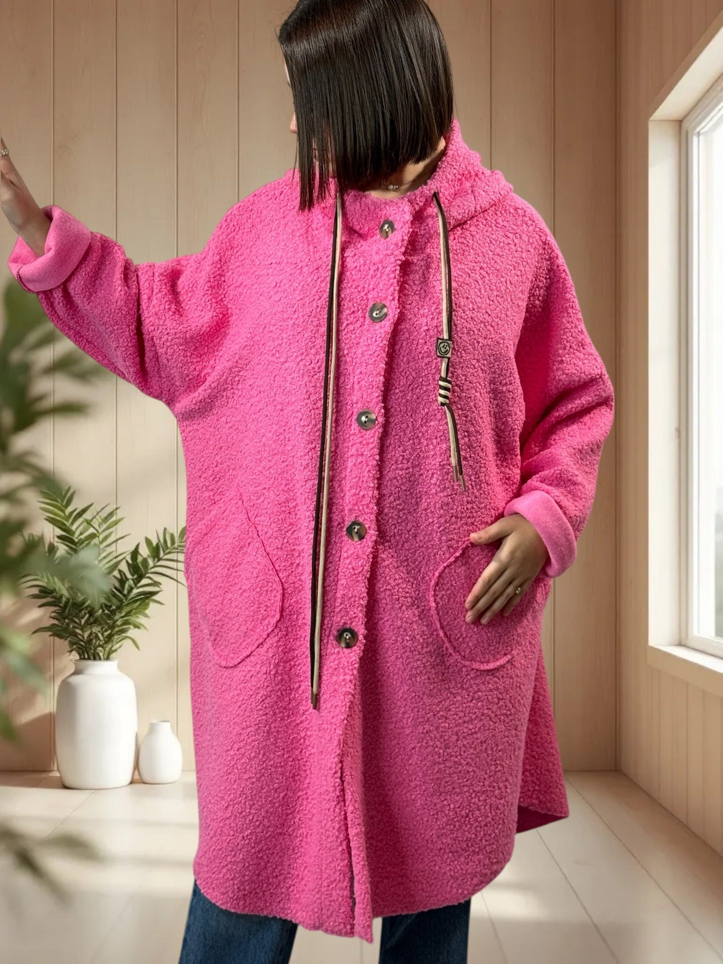 CAPRICE - VESTE OVERSIZE ROSE A CAPUCHE JUSQU'A LA TAILLE 54