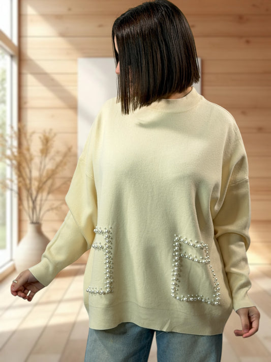 BERENICE - PULL BEIGE AVEC PERLE JUSQU'A LA TAILLE 50/52