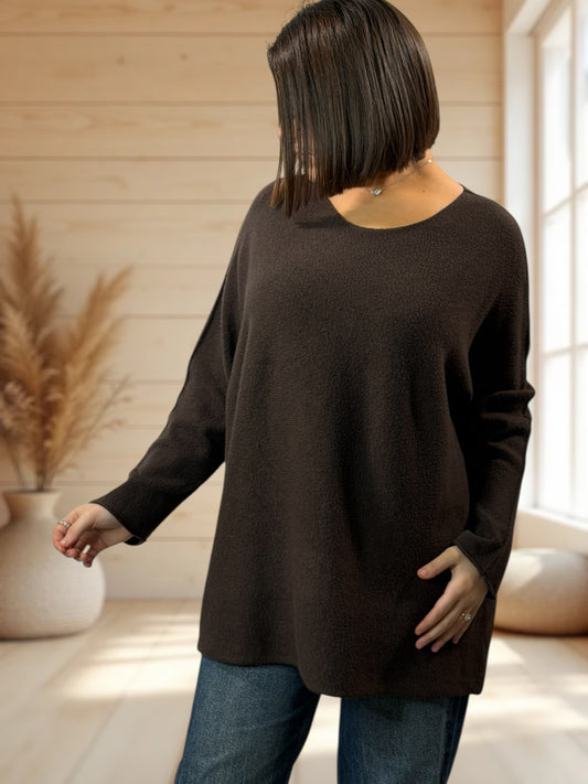 TINA - PULL OVERSIZE MARRON JUSQU'A LA TAILLE 54