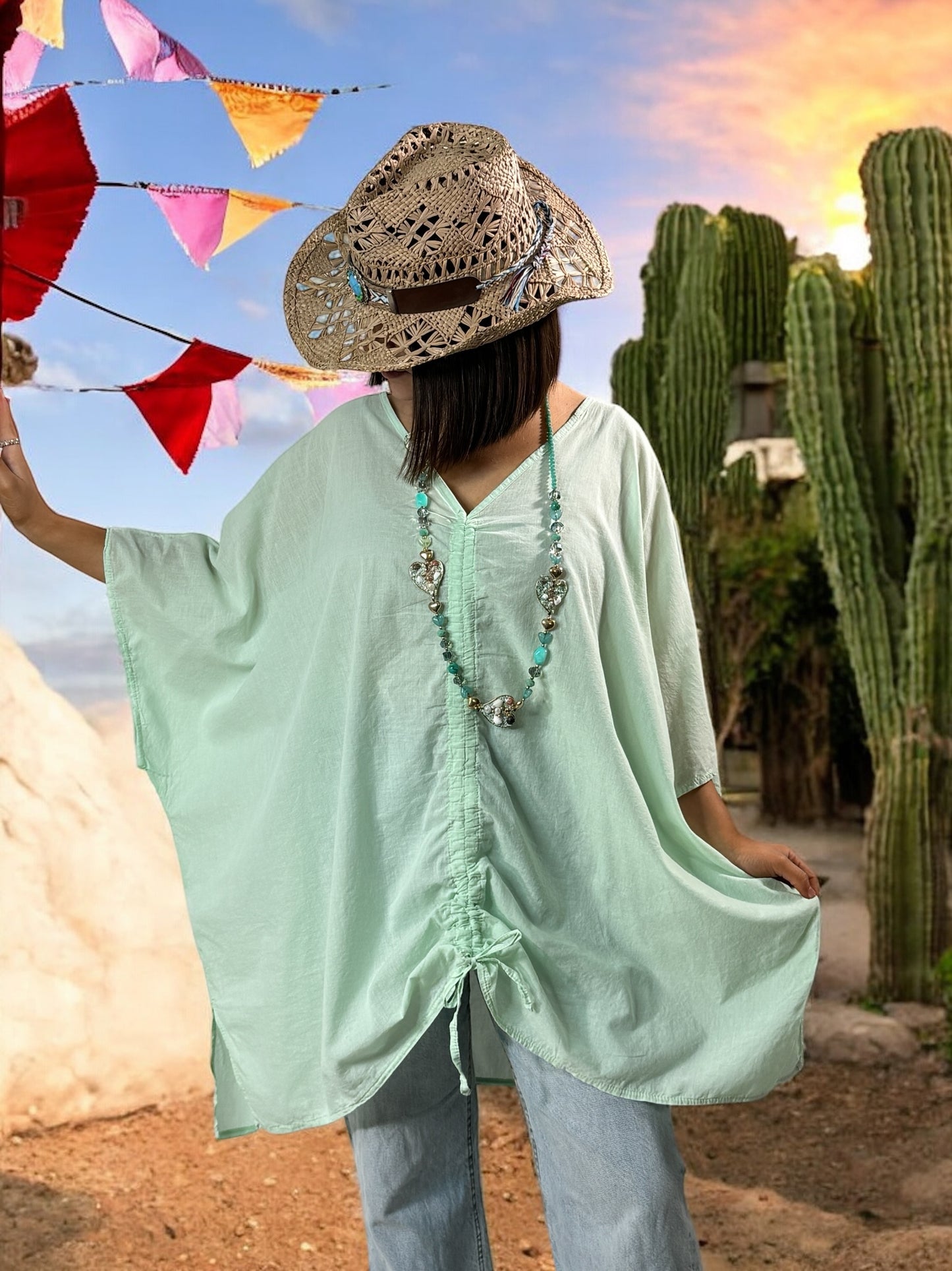EMILIE - TUNIQUE OVERSIZE VERTE EN COTON JUSQU'A LA TAILLE 58