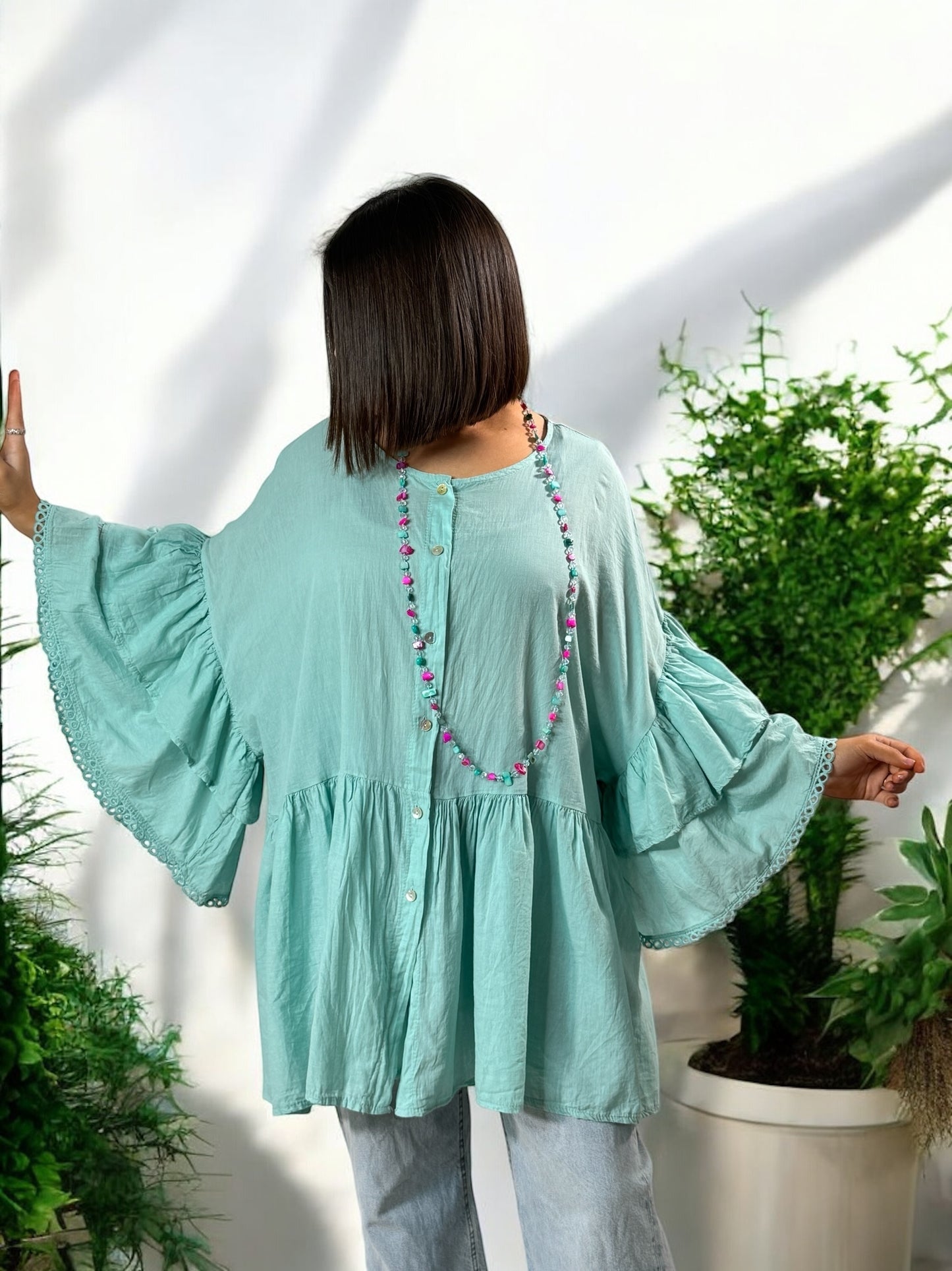 CORALINE - BLOUSE OVERSIZE LAGON EN COTON JUSQU'A LA TAILLE 52/54