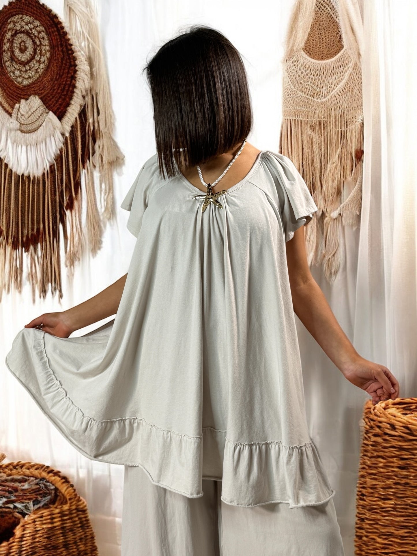CANNES - ENSEMBLE TUNIQUE ET PANTALON FLUIDE BEIGE JUSQU'A LA TAILLE 52