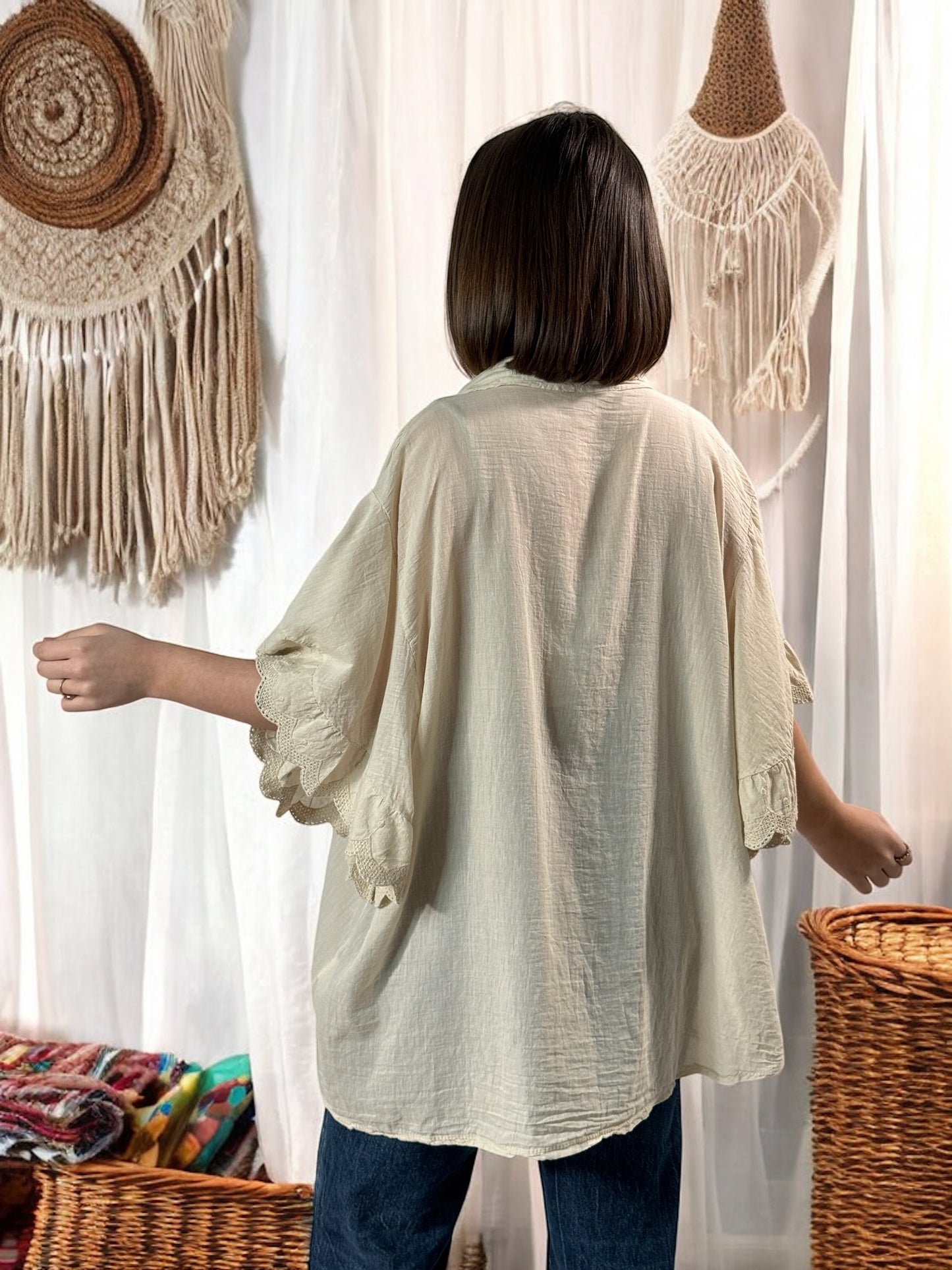 ANASTASIA - BLOUSE OVERSIZE BEIGE EN COTON JUSQU'A LA TAILLE 52/54