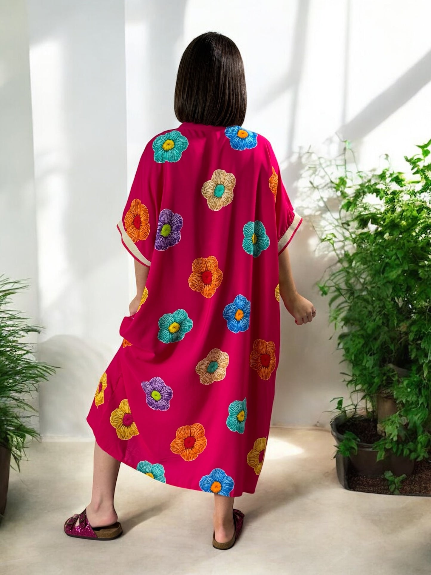 LALY - ROBE OVERSIZE FUCHSIA MOTIF FLEUR JUSQU'A LA TAILLE 54