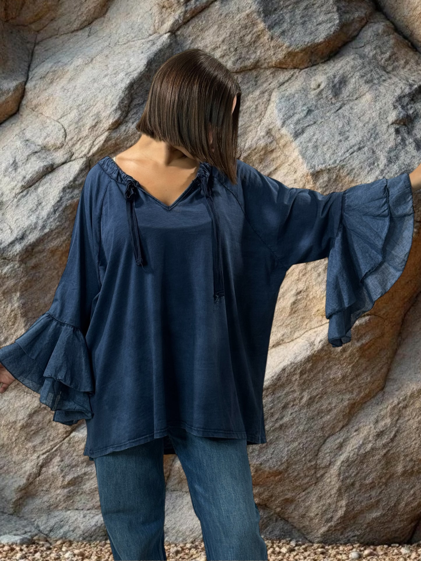 EMILIE - BLOUSE BLEUE EN COTON OVERSIZE JUSQU'A LA TAILLE 52