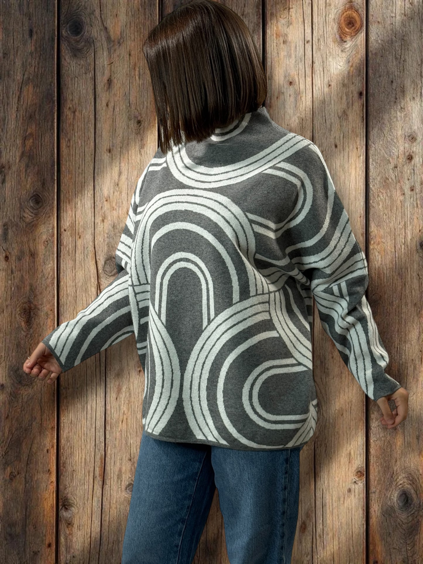SOPHIE - PULL OVERSIZE MOTIF GRIS JUSQU'A LA TAILLE 50