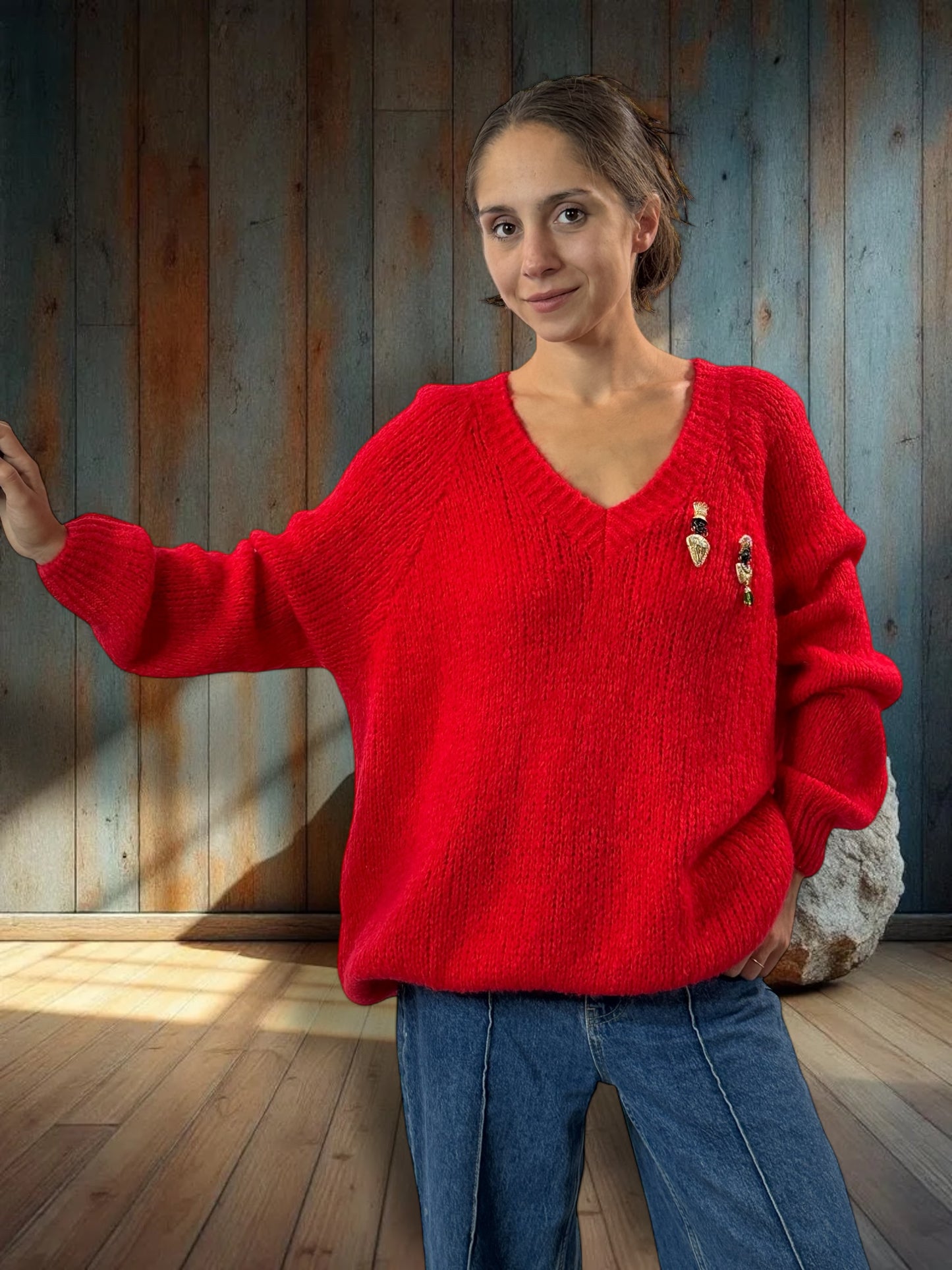 MATTEO - PULL ROUGE AVEC MOHAIR JUSQU'A LA TAILLE 54