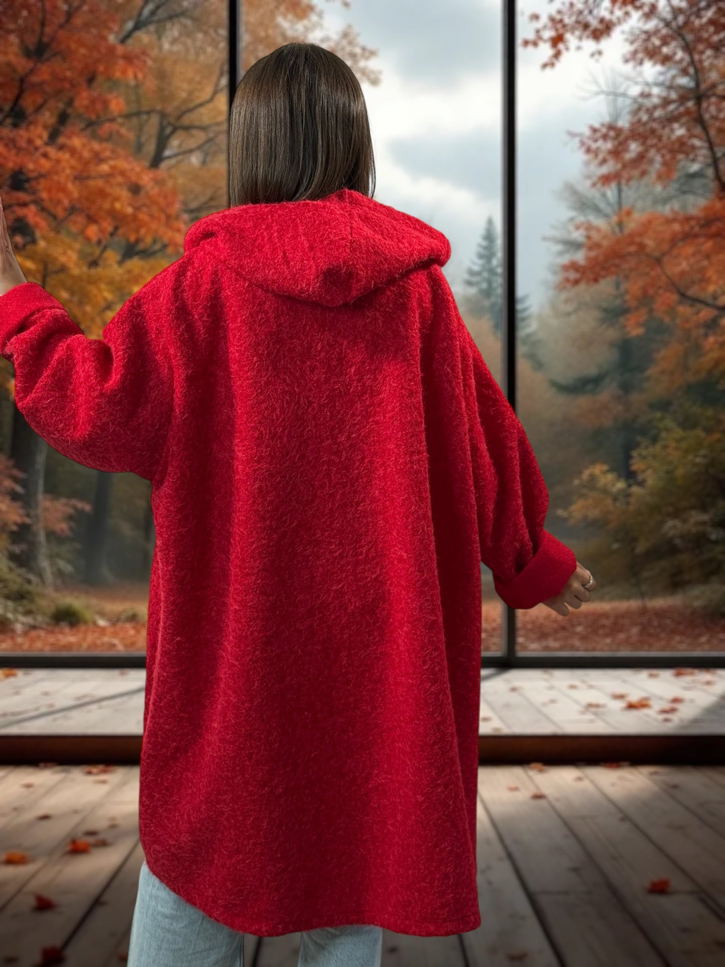 OCEANE - VESTE OVERSIZE ROUGE A CAPUCHE JUSQU'A LA TAILLE 54/56