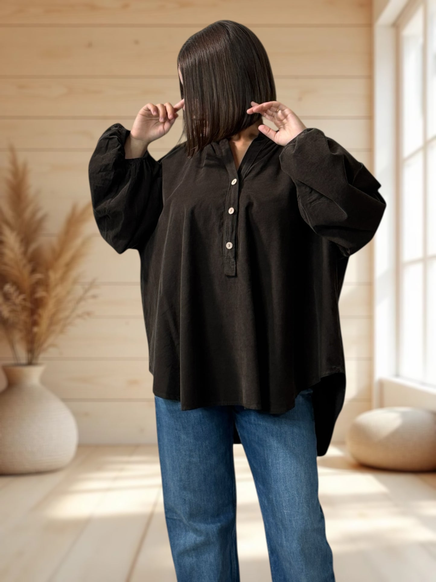 ALICIA - BLOUSE MARRON EN VELOURS MILLERAIES OVERSIZE JUSQU'A LA TAILLE 56