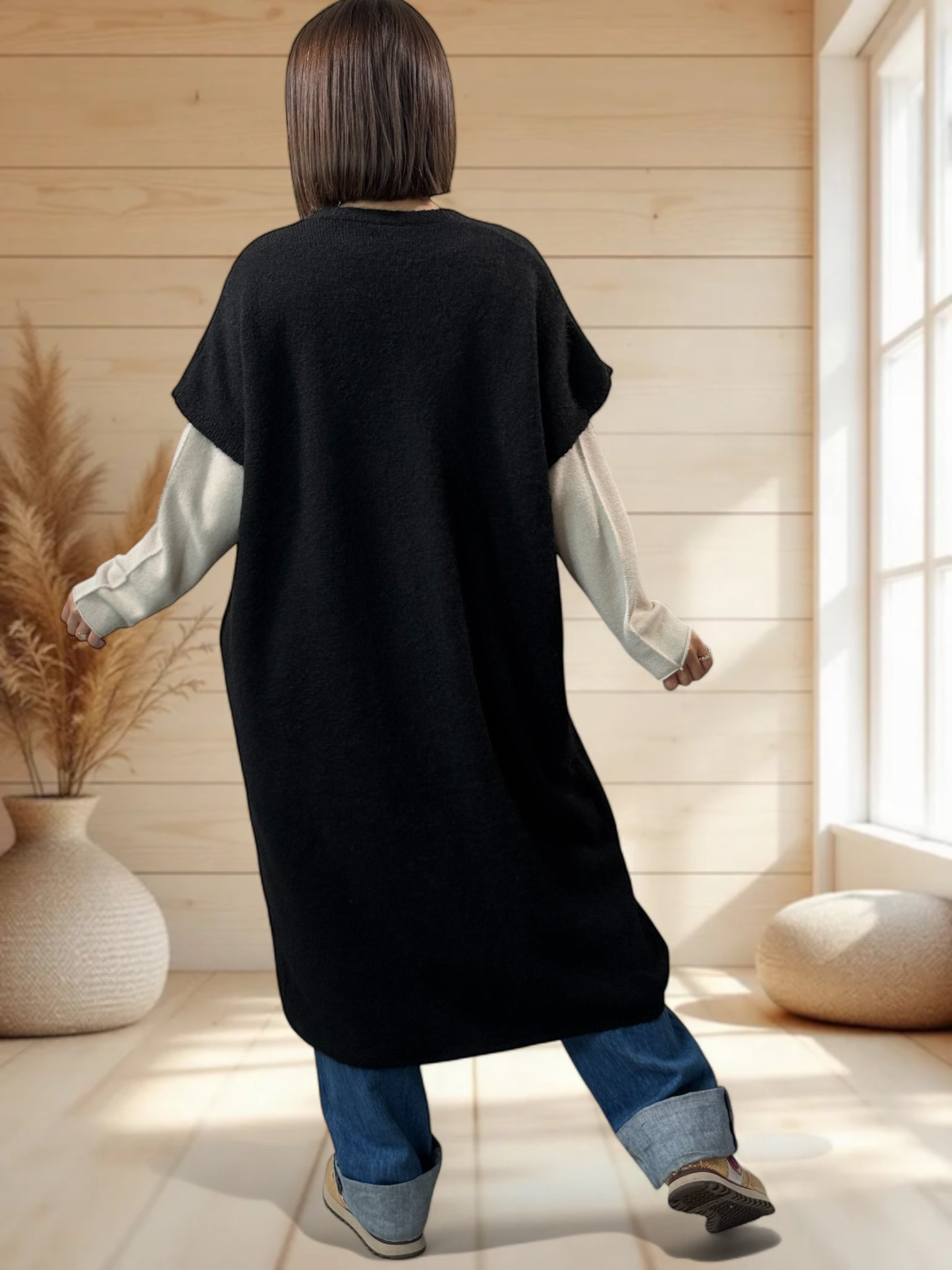 UGO - LONG GILET OVERSIZE NOIR JUSQU'A LA TAILLE 56/58