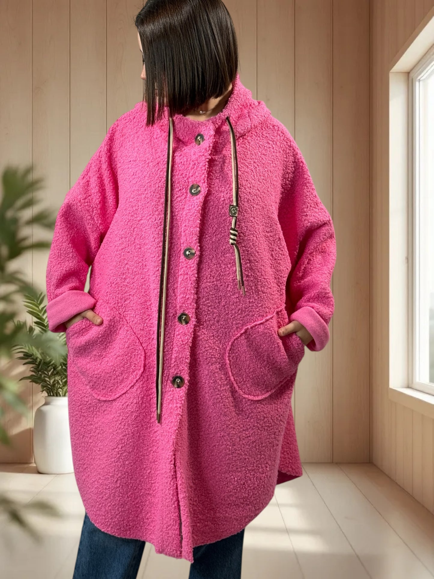 CAPRICE - VESTE OVERSIZE ROSE A CAPUCHE JUSQU'A LA TAILLE 54