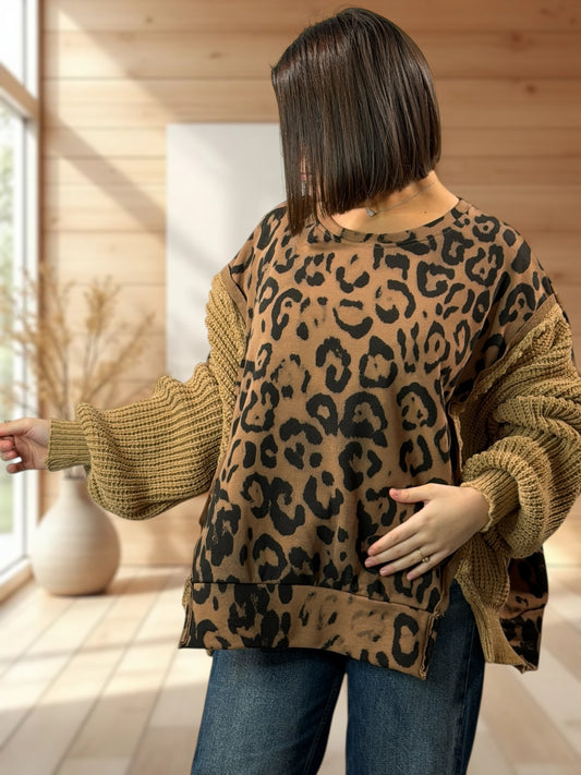 MARCO - PULL BI-MATIERE OVERSIZE LEOPARD CAMEL JUSQU'A LA TAILLE 54