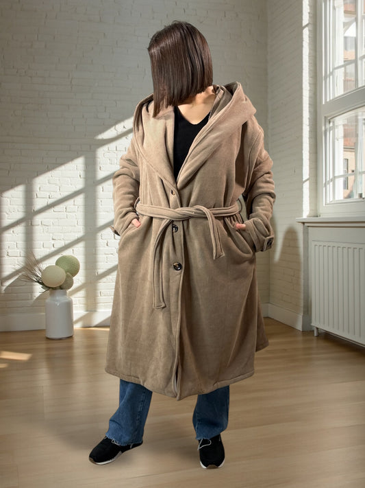 CARLOTA - MANTEAU OVERSIZE TAUPE A CAPUCHE JUSQU'A LA TAILLE 56/58