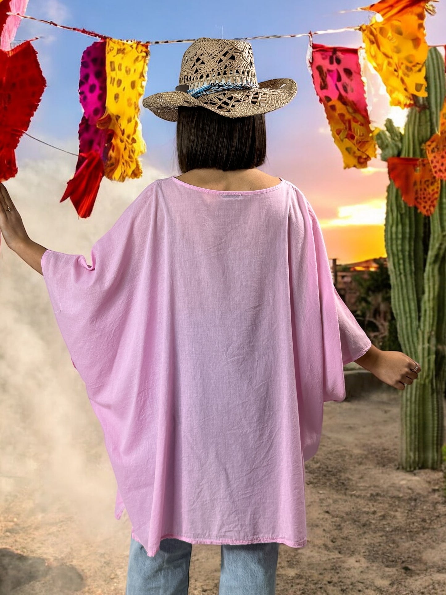 EMILIE - TUNIQUE OVERSIZE ROSE EN COTON JUSQU'A LA TAILLE 58