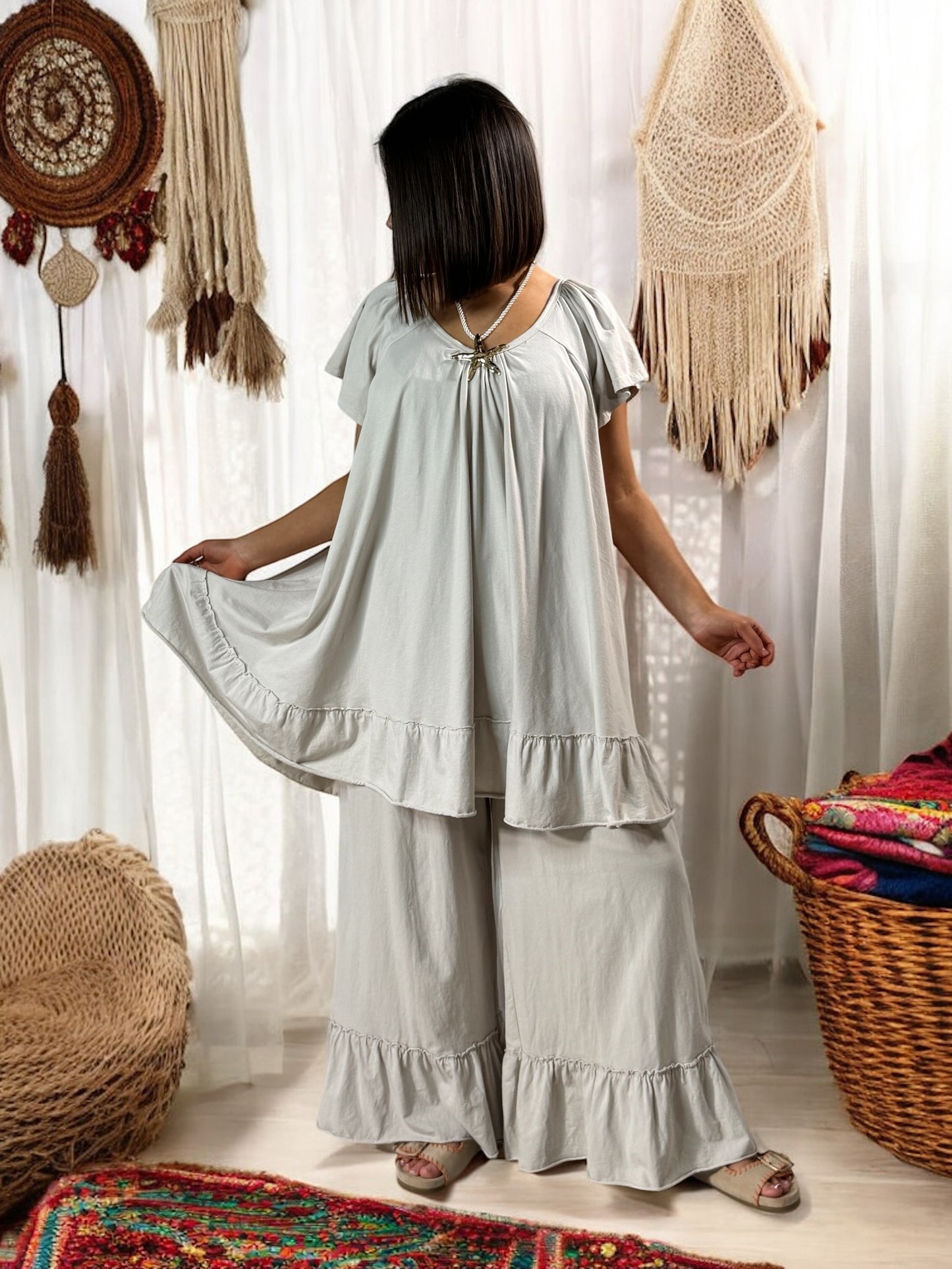 CANNES - ENSEMBLE TUNIQUE ET PANTALON FLUIDE BEIGE JUSQU'A LA TAILLE 52