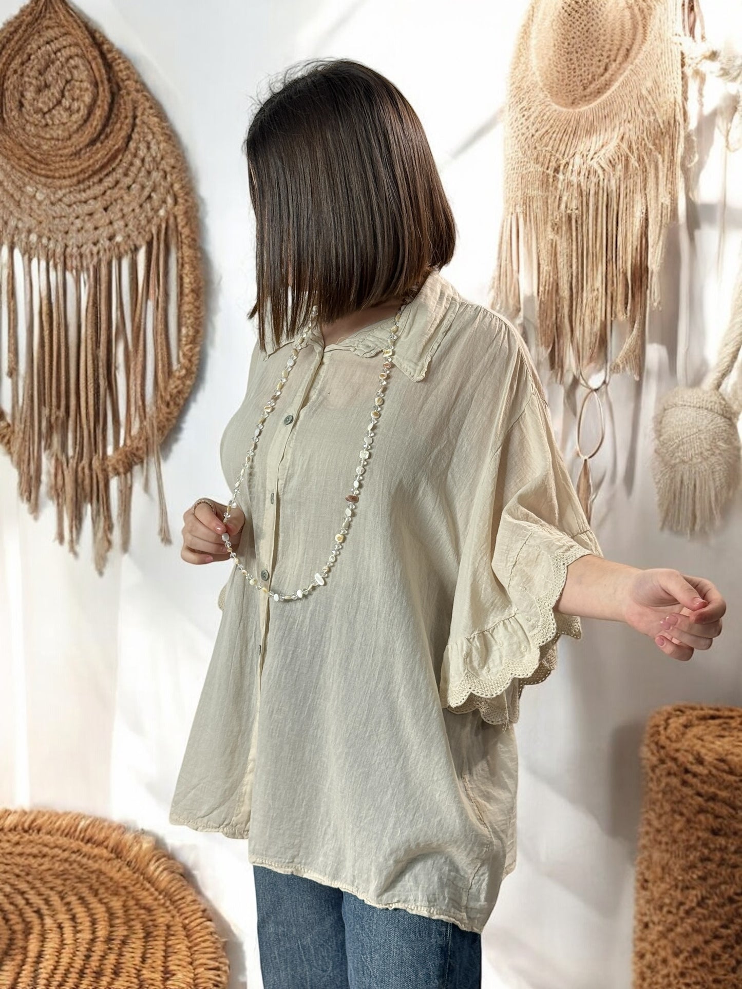 ANASTASIA - BLOUSE OVERSIZE BEIGE EN COTON JUSQU'A LA TAILLE 52/54