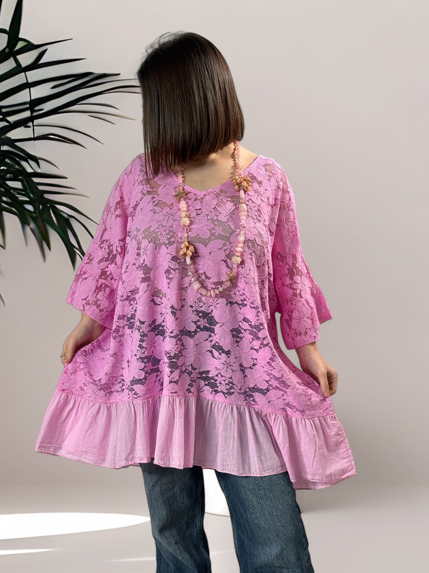 SHIRLEY - TUNIQUE ROSE EN DENTELLE JUSQU'A LA TAILLE 56