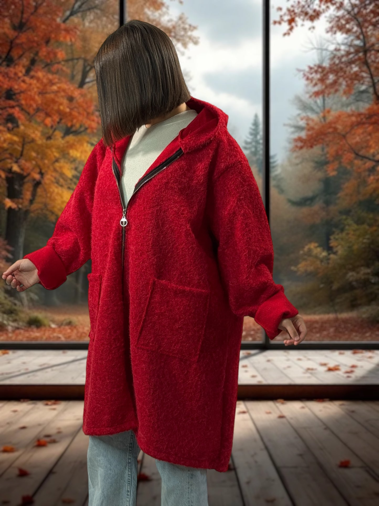 OCEANE - VESTE OVERSIZE ROUGE A CAPUCHE JUSQU'A LA TAILLE 54/56