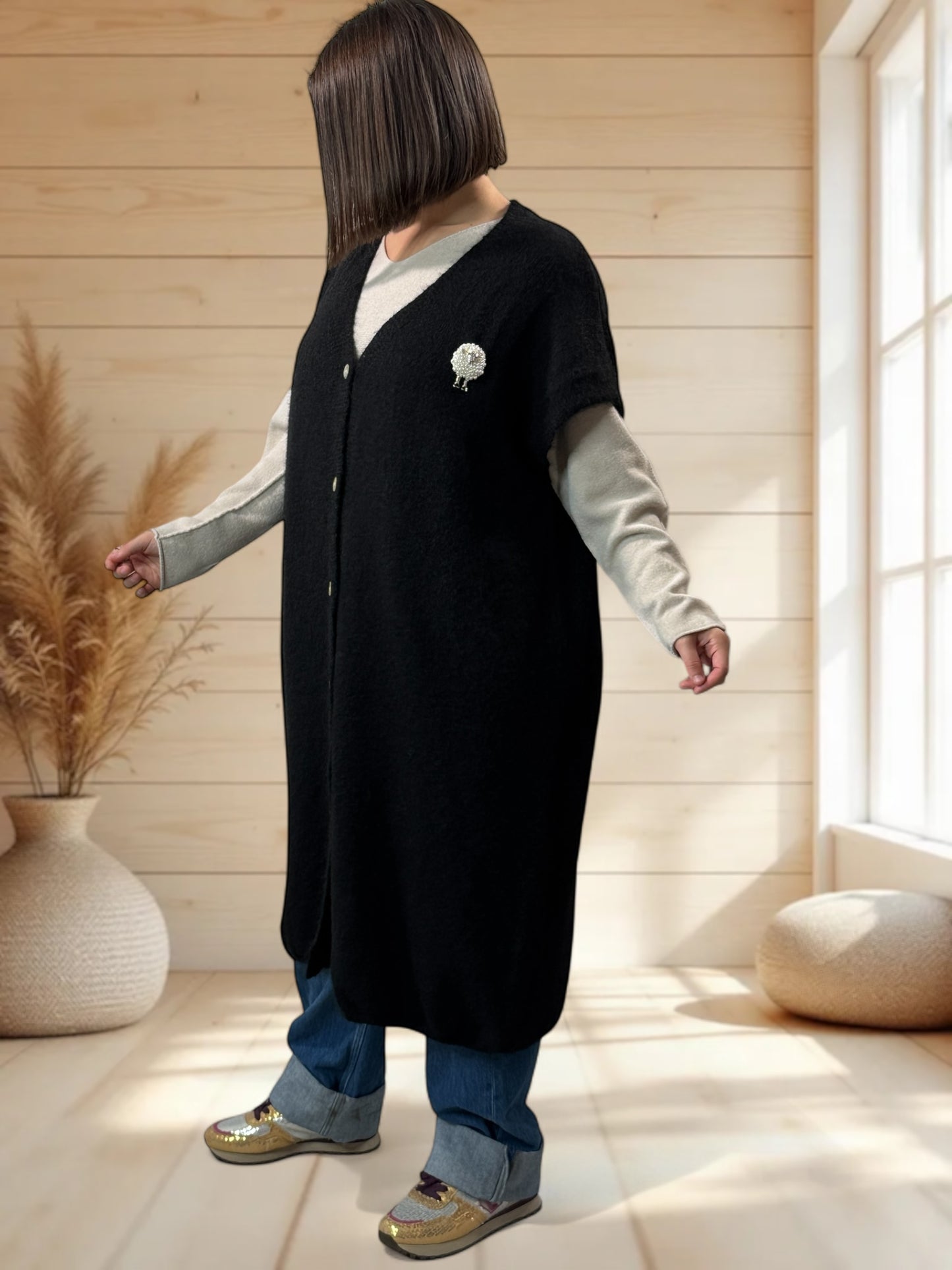 UGO - LONG GILET OVERSIZE NOIR JUSQU'A LA TAILLE 56/58