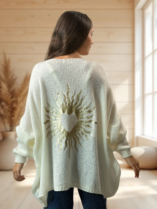 RICKOU - PULL OVERSIZE BLANC CASSE MOTIF SOLEIL JUSQU'A LA TAILLE 56