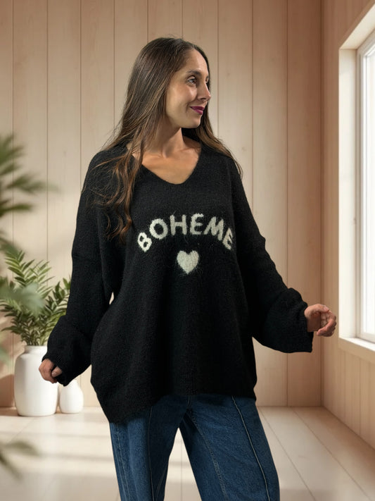 CLAUDIO - PULL NOIR LOGO BOHEME JUSQU'A LA TAILLE 54/56