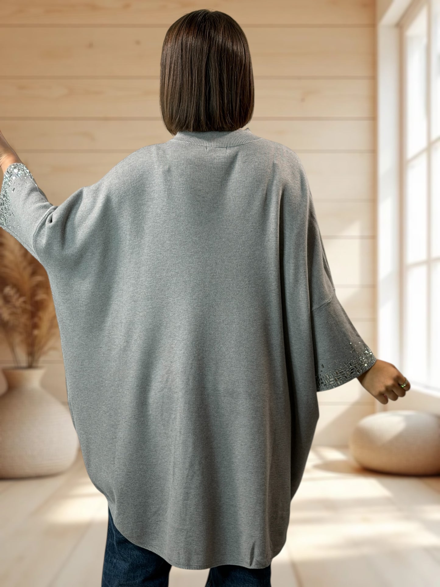 CORALINE - PULL OVERSIZE GRIS AVEC STRASS JUSQU'A LA TAILLE 56