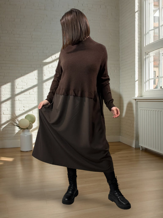 GARANCE - ROBE BI-MATIÈRE MARRON JUSQU'A LA TAILLE 48/50