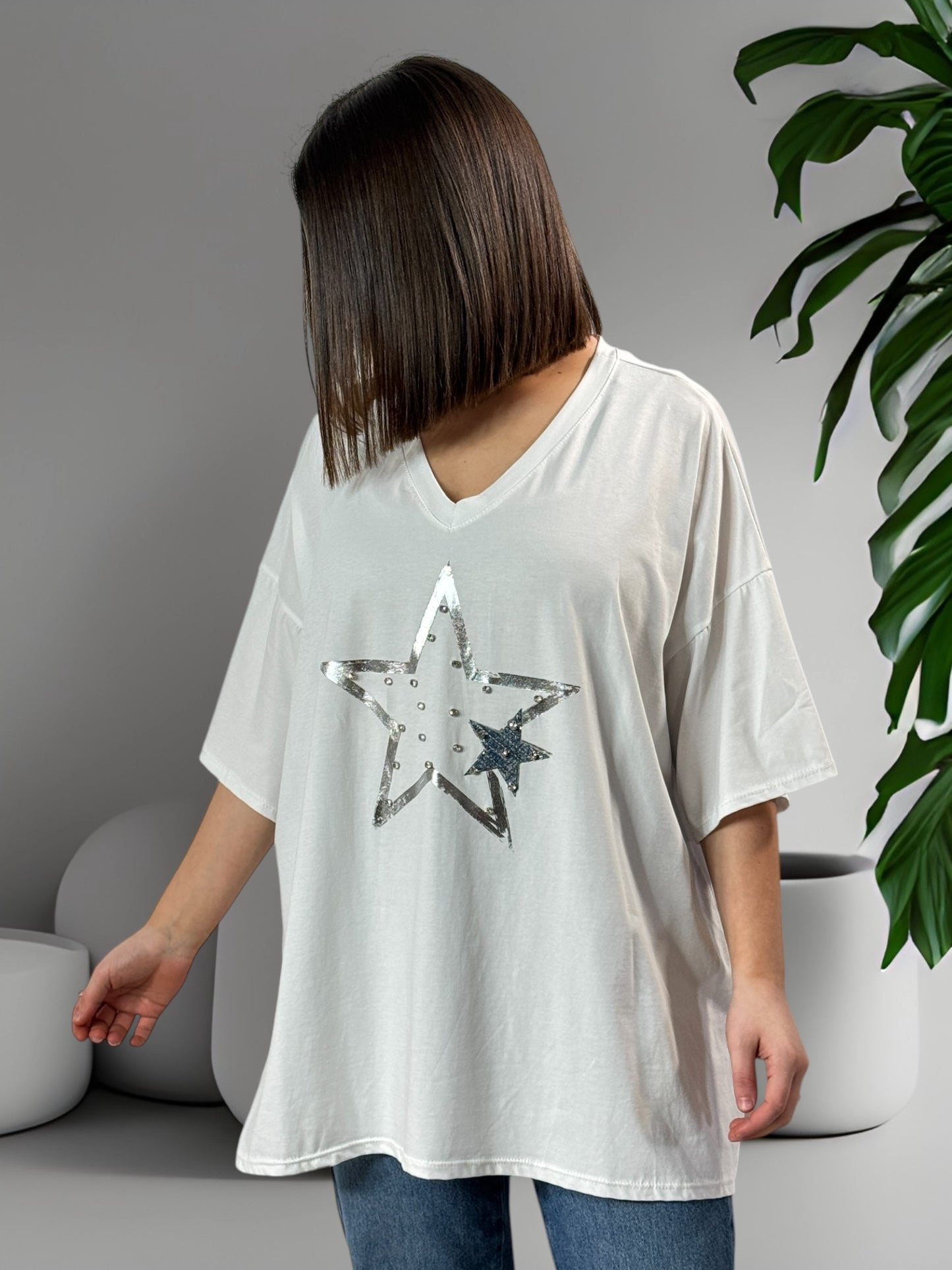 ALICIA - T-SHIRT BLANC OVERSIZE MOTIF ETOILE JUSQU'A LA TAILLE 54/56