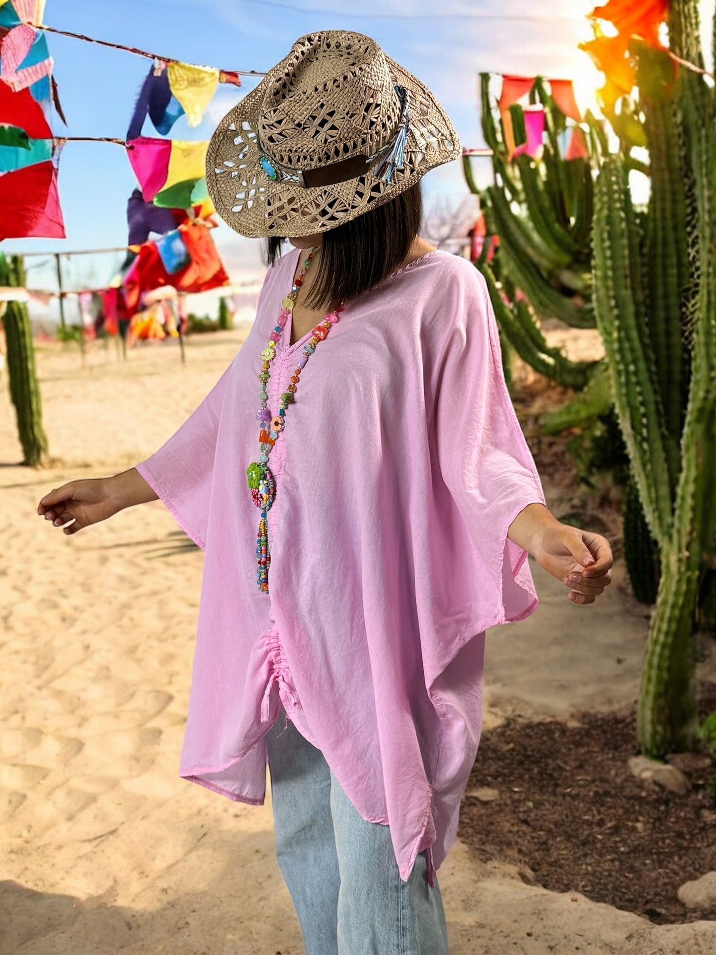 EMILIE - TUNIQUE OVERSIZE ROSE EN COTON JUSQU'A LA TAILLE 58