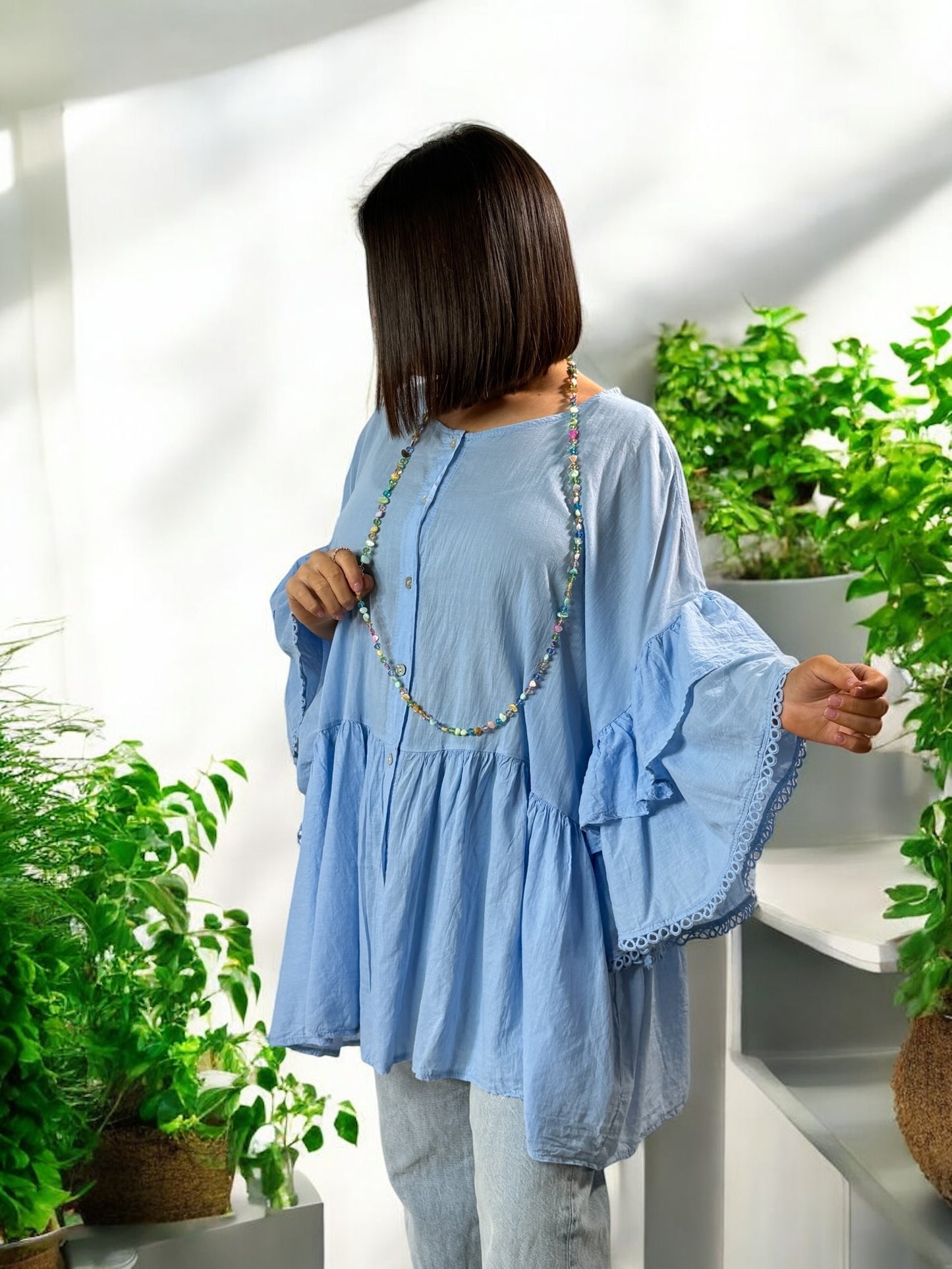 CORALINE - BLOUSE OVERSIZE BLEUE EN COTON JUSQU'A LA TAILLE 52/54