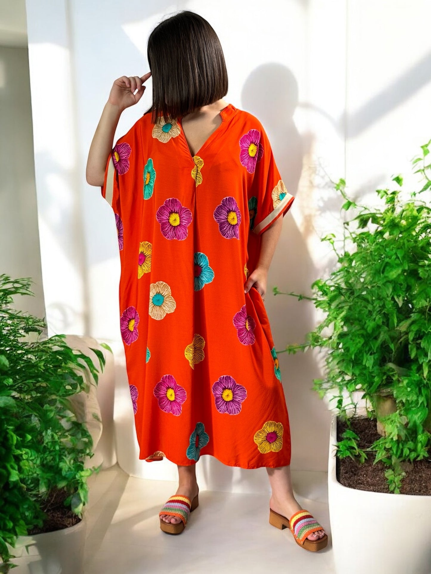 LALY - ROBE OVERSIZE ORANGE MOTIF FLEUR JUSQU'A LA TAILLE 54