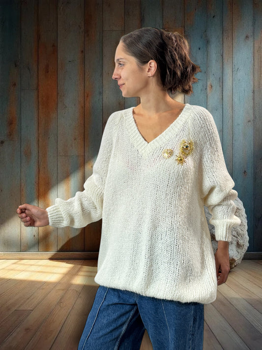 MATTEO - PULL BLANC CASSE AVEC MOHAIR JUSQU'A LA TAILLE 54