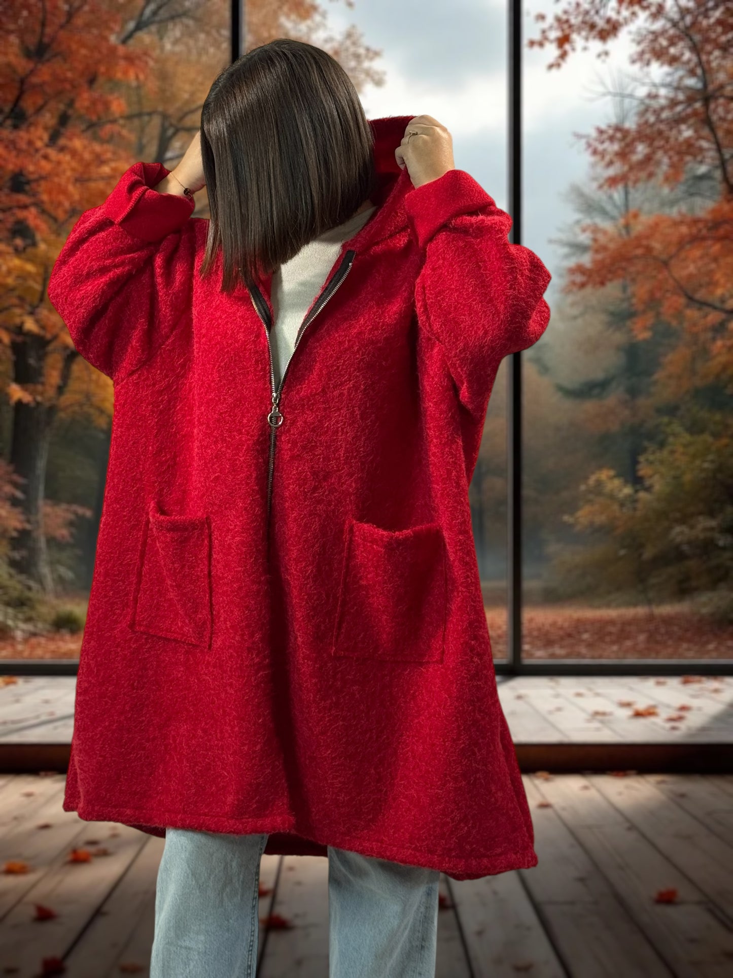 OCEANE - VESTE OVERSIZE ROUGE A CAPUCHE JUSQU'A LA TAILLE 54/56