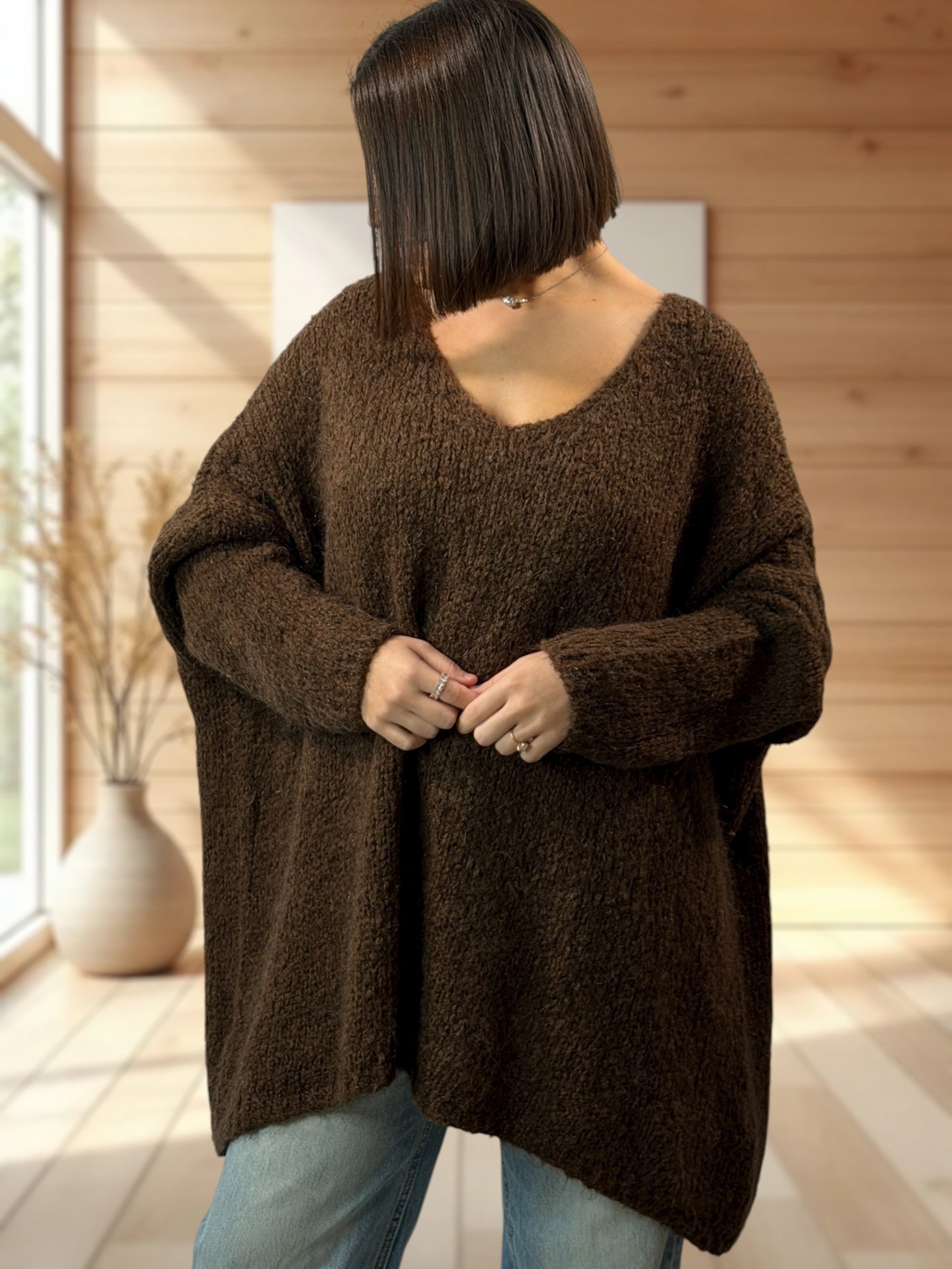 LUCKY - PULL MARRON OVERSIZE JUSQU'A LA TAILLE 56/58