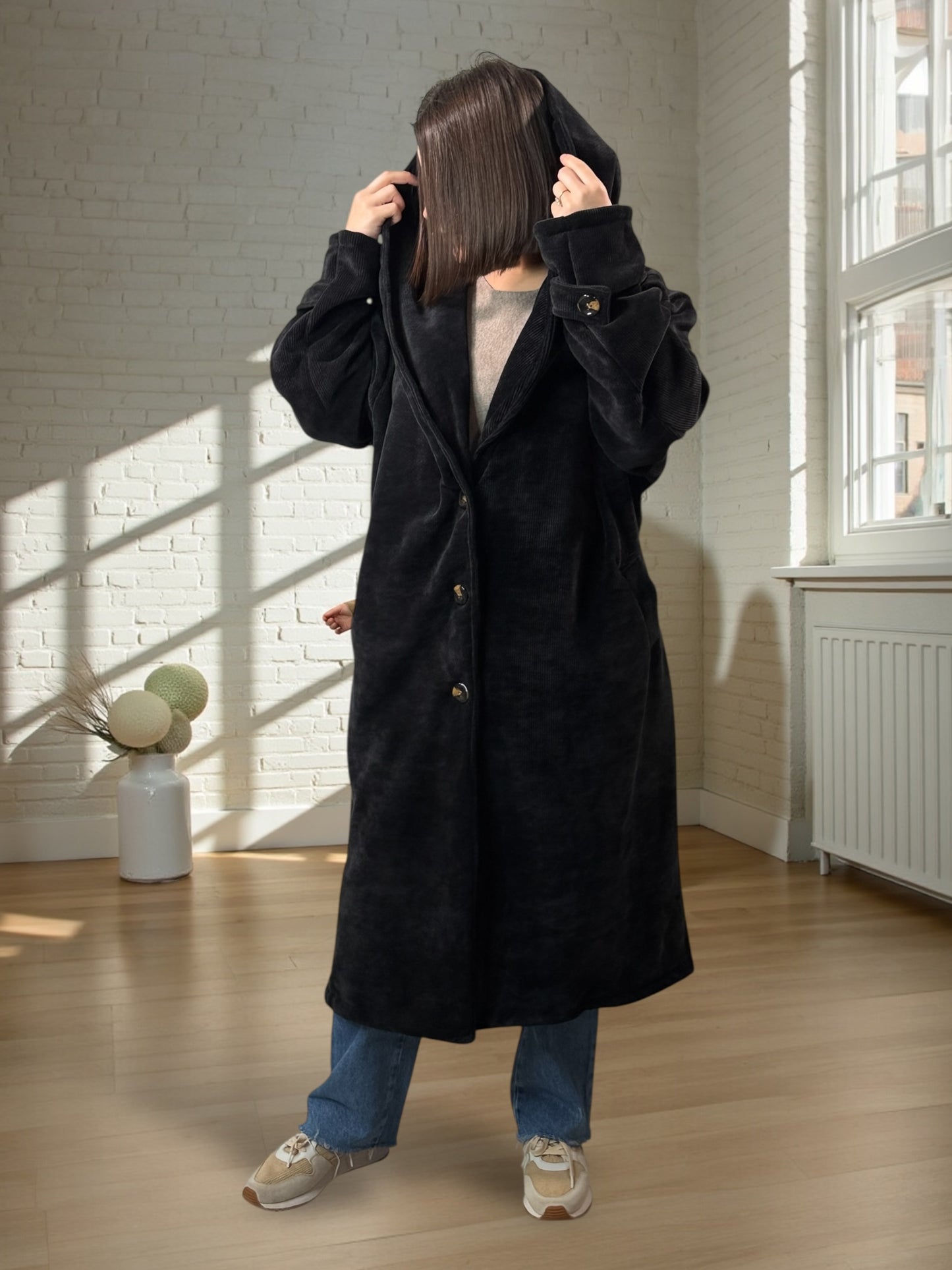 CARLOTA - MANTEAU OVERSIZE NOIR A CAPUCHE JUSQU'A LA TAILLE 56/58
