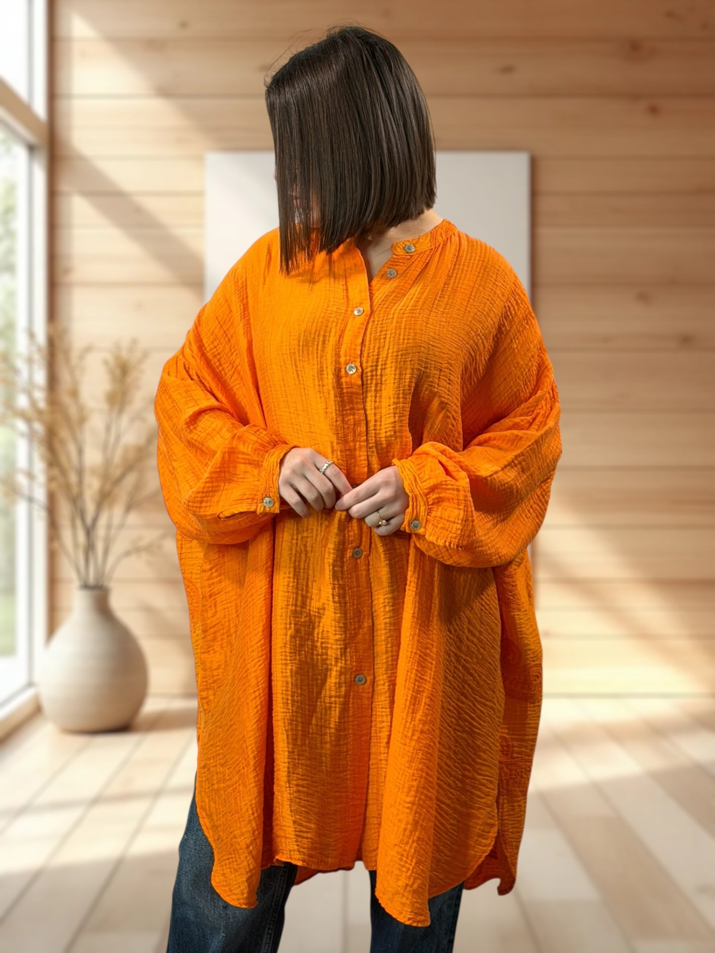 VERONICA - CHEMISE OVERSIZE ORANGE BRODERIE AU DOS JUSQU'A LA TAILLE 56