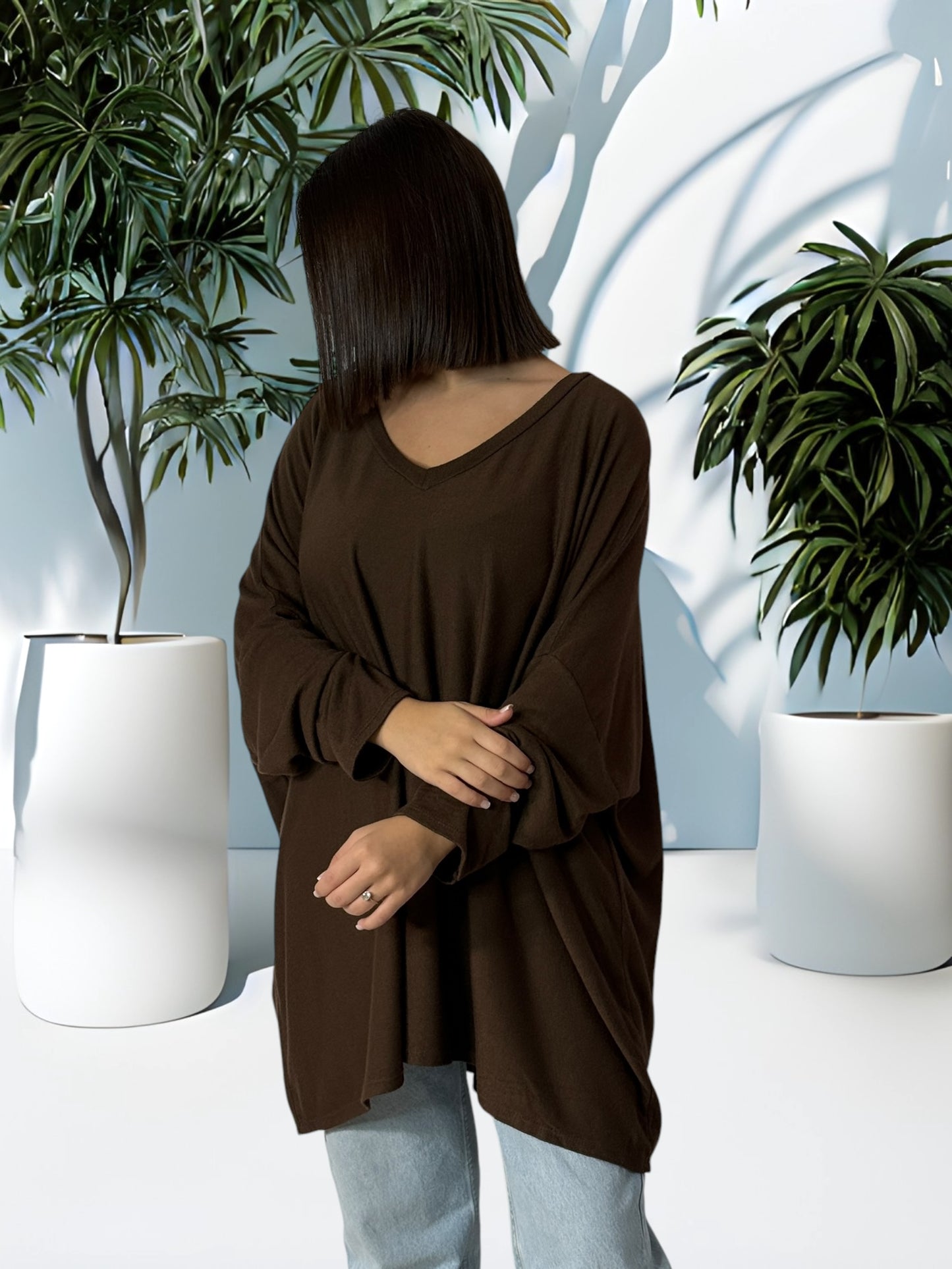 OSCAR - PULL OVERSIZE MARRON EN MAILLE FLUIDE JUSQU'A LA TAILLE 56