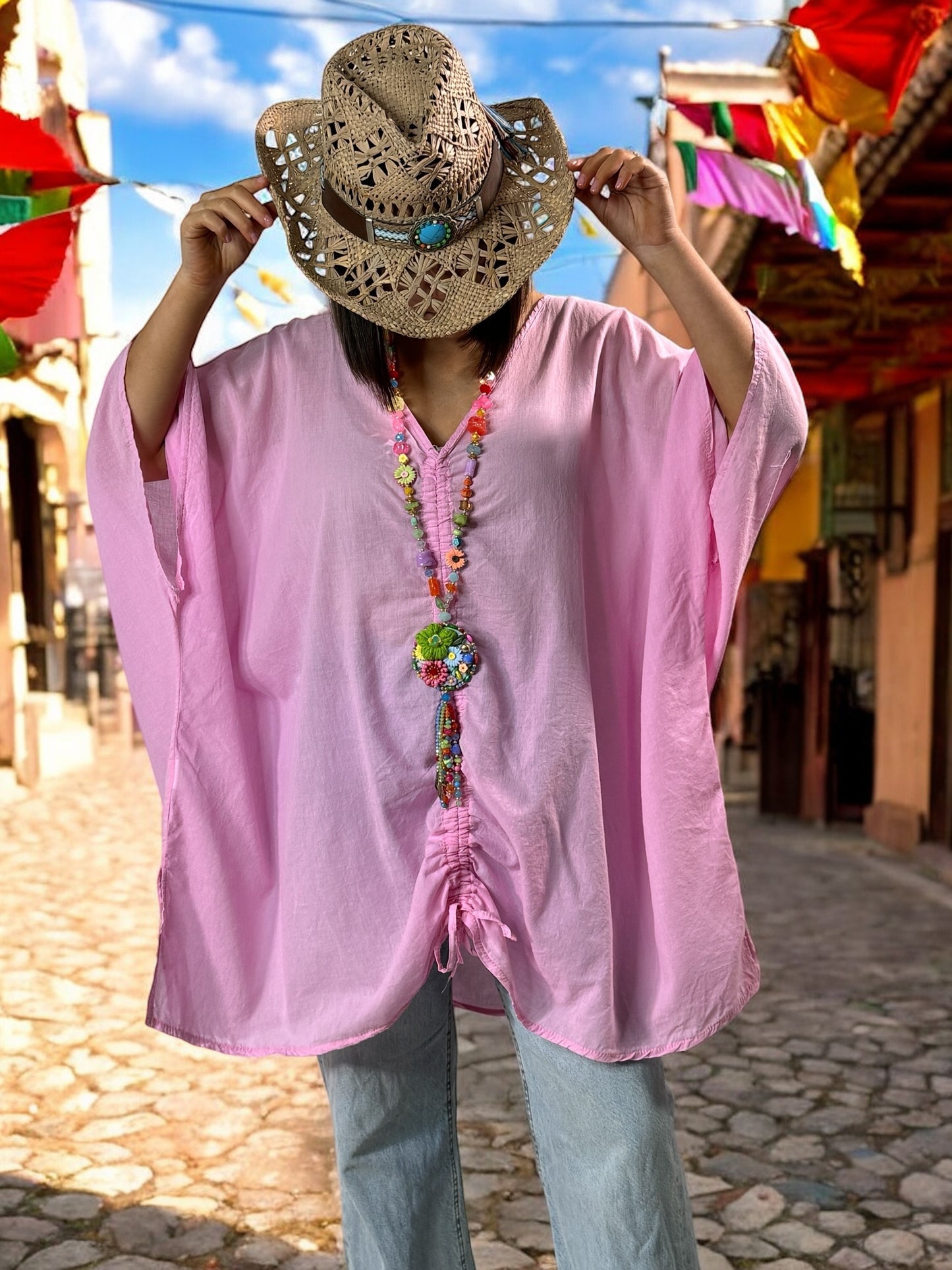 EMILIE - TUNIQUE OVERSIZE ROSE EN COTON JUSQU'A LA TAILLE 58