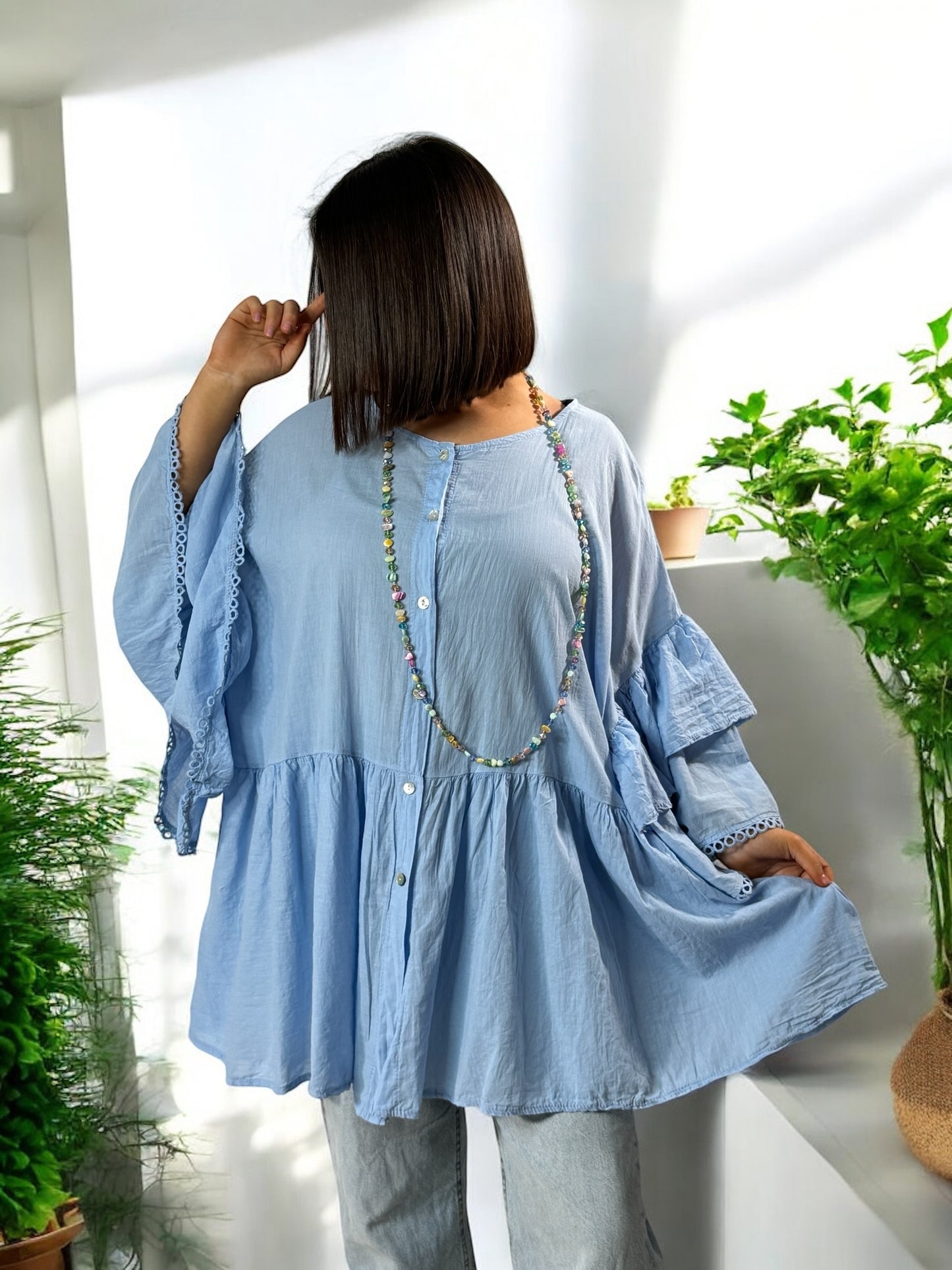 CORALINE - BLOUSE OVERSIZE BLEUE EN COTON JUSQU'A LA TAILLE 52/54