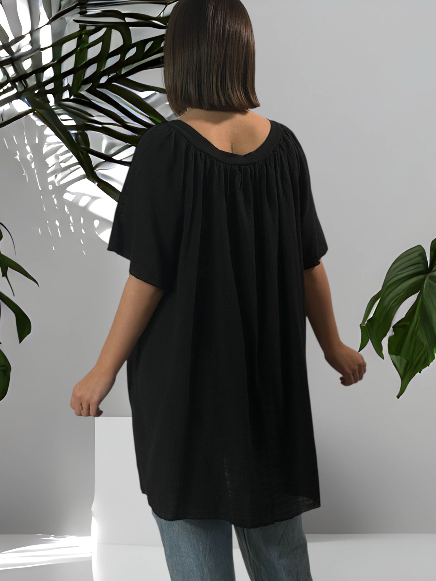 ASTRID - BLOUSE OVERSIZE NOIRE LIN ET COTON JUSQU'A LA TAILLE 54