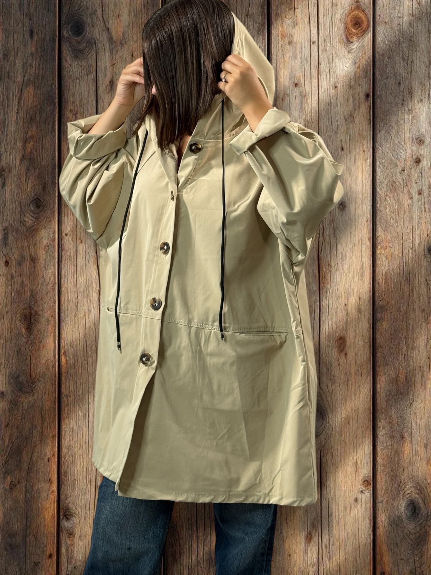 DORIAN - VESTE TRENCH BEIGE OVERSIZE A CAPUCHE JUSQU'A LA TAILLE 56