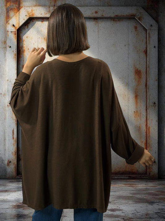 TIPHAINE - PULL MARRON EN MAILLE BORDE DE DENTELLE JUSQU'A LA TAILLE 56