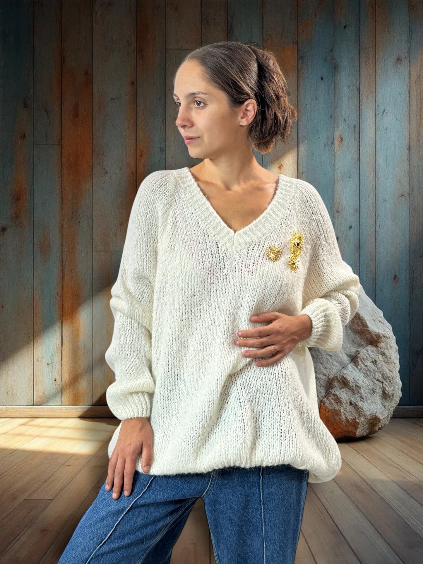MATTEO - PULL BLANC CASSE AVEC MOHAIR JUSQU'A LA TAILLE 54