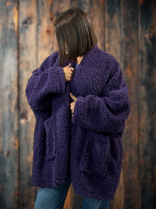 LILIROSE - VESTE OVERSIZE VIOLETTE EN MOUMOUTE JUSQU'A LA TAILLE 56/58