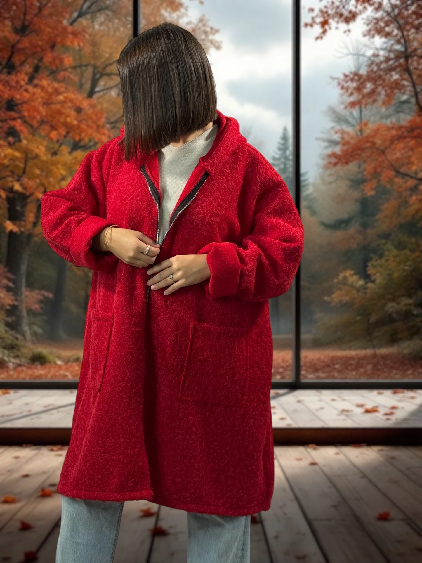 OCEANE - VESTE OVERSIZE ROUGE A CAPUCHE JUSQU'A LA TAILLE 54/56