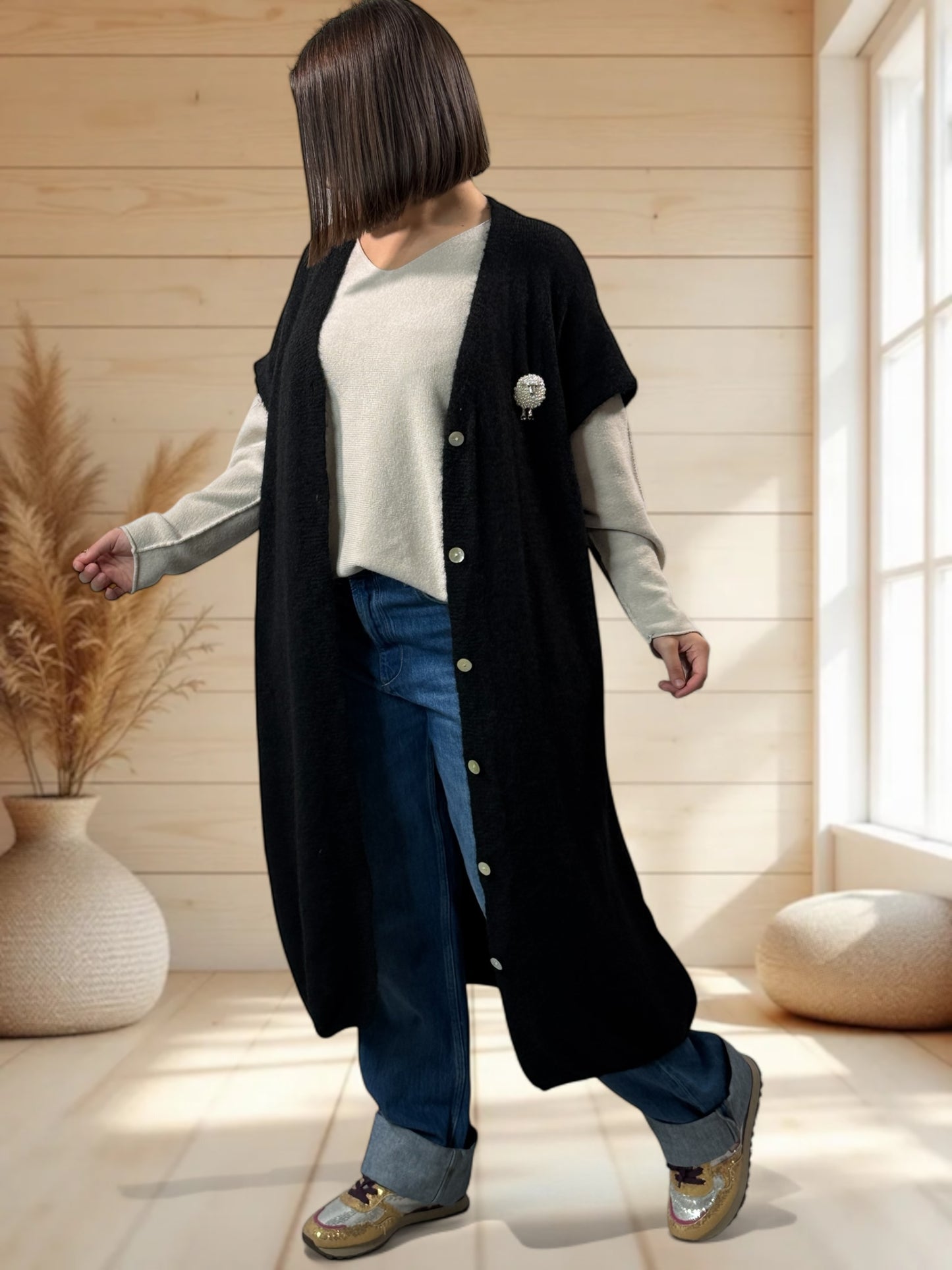 UGO - LONG GILET OVERSIZE NOIR JUSQU'A LA TAILLE 56/58